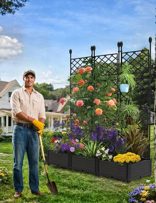 Outdoor Raised Planter Box with Trellis for Climbing Plants, Flowers, & Vegetables