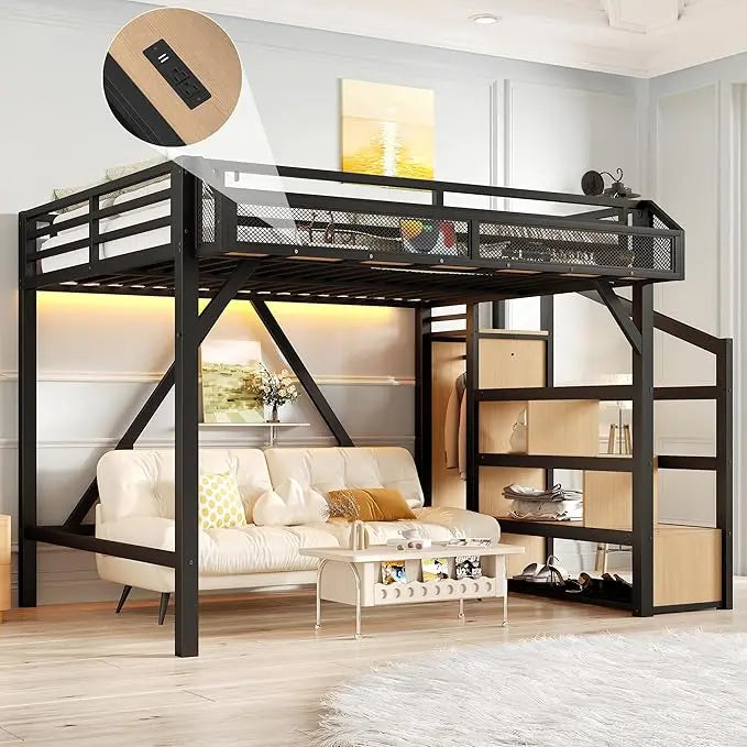 Full Size Loft Bed with Stairs, Wardrobe, LED Lights & Charging Station