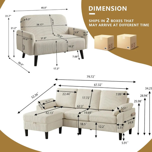 Corduroy Sectional Sofa Set with Storage Ottoman