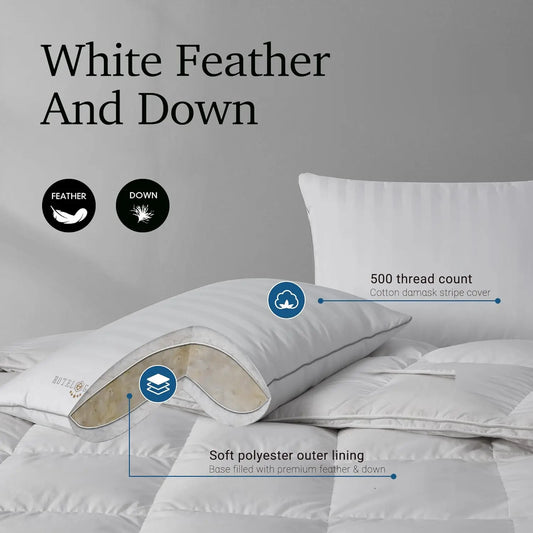 King Size Feather Down Pillows Set of 2, 100% Cotton Cover, Hypoallergenic