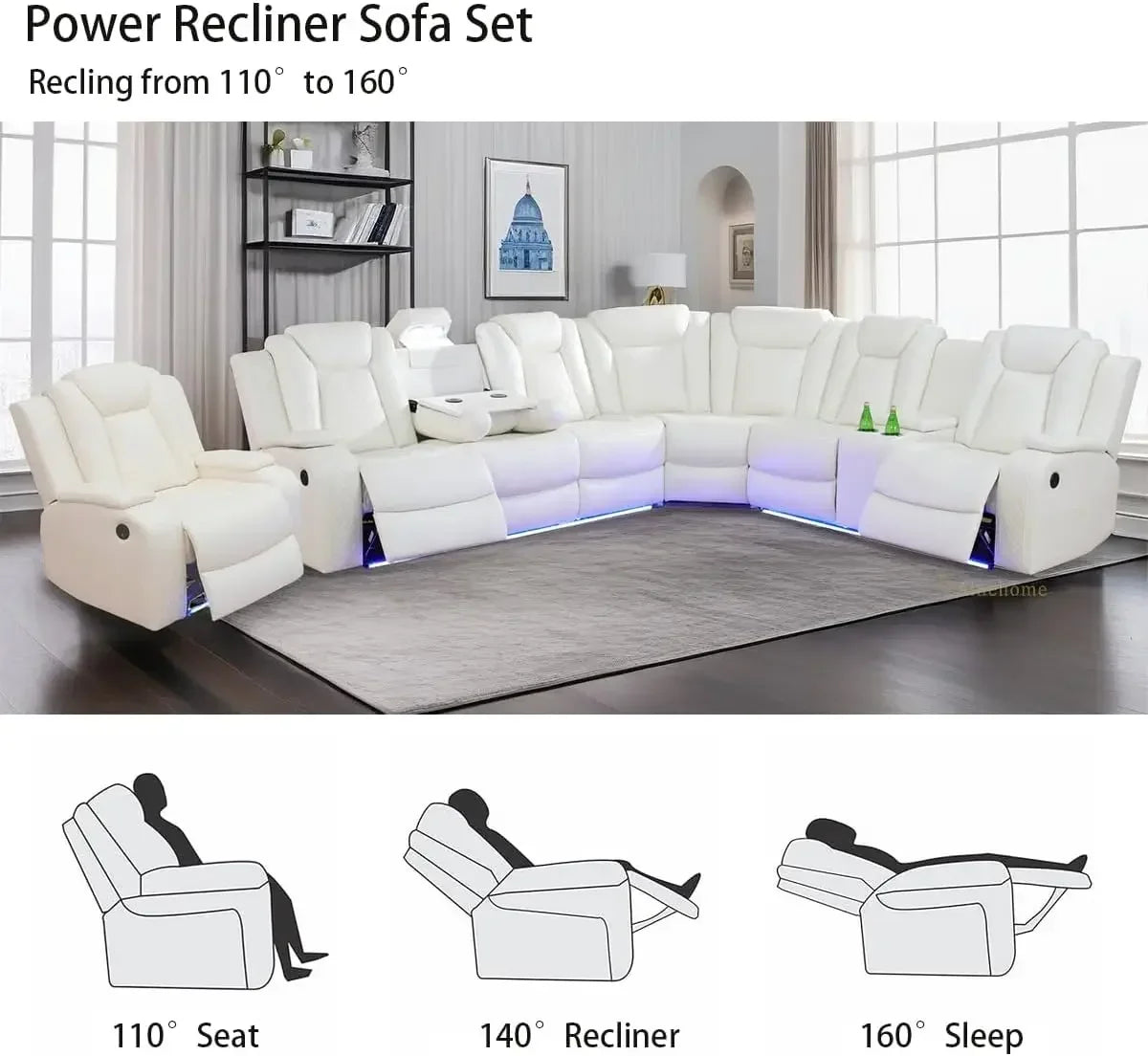 Leather Power Reclining Sectional Sofa, Loveseat Chair with Storage