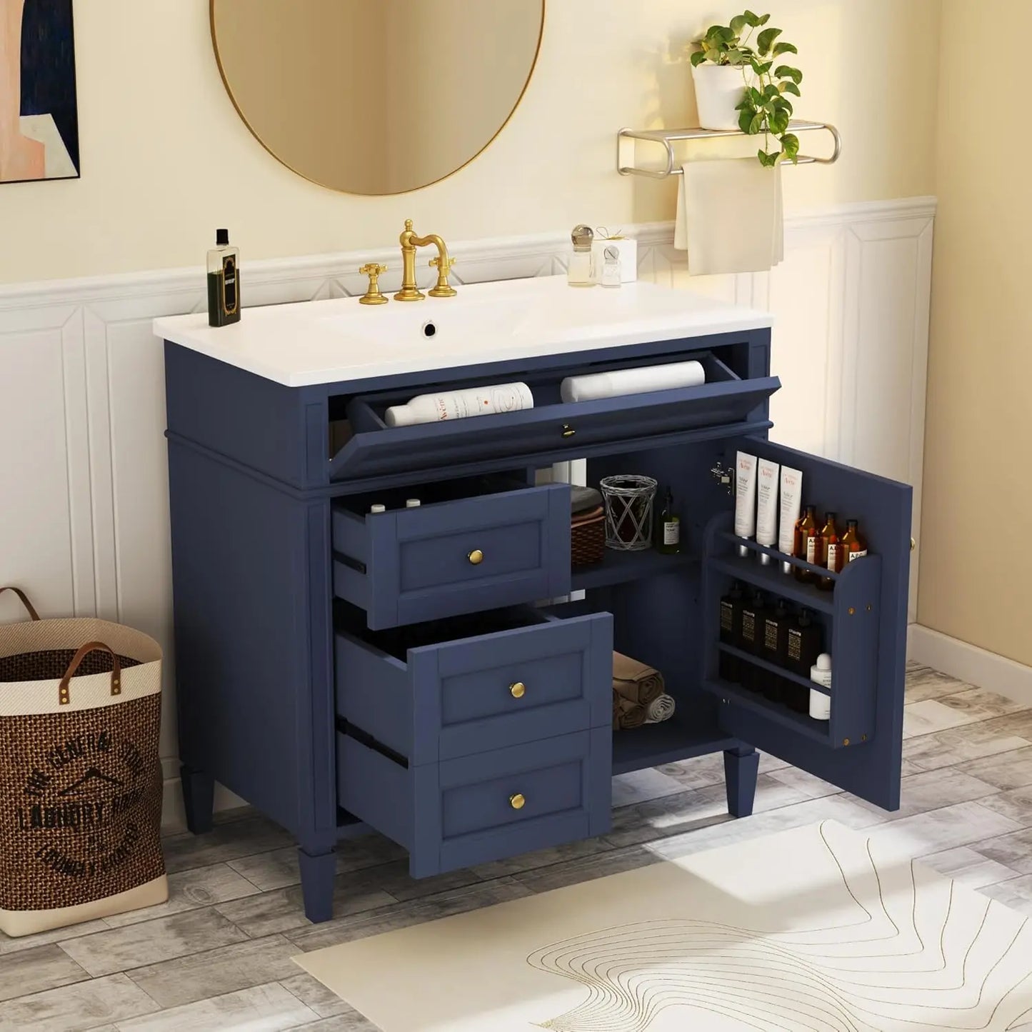 Solid Wood Bathroom Vanity with Soft-Close Doors & Tip-Out Drawer