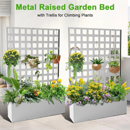Metal Planter Box with Privacy Screen & Drainage Holes for Plants