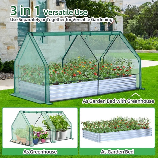 8x4ft Galvanized Raised Garden Bed with Greenhouse Cover