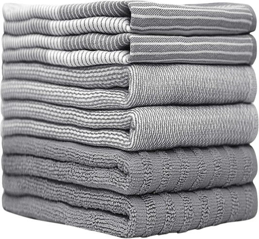 Premium Cotton Kitchen Towels, 6 Pack, Highly Absorbent with Hanging Loop