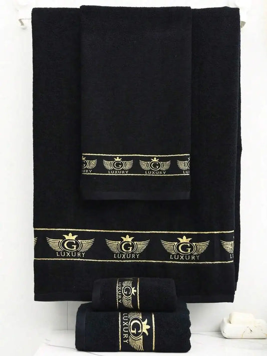 Black Bamboo Fiber Towel Set with Gold Embroidered Logo