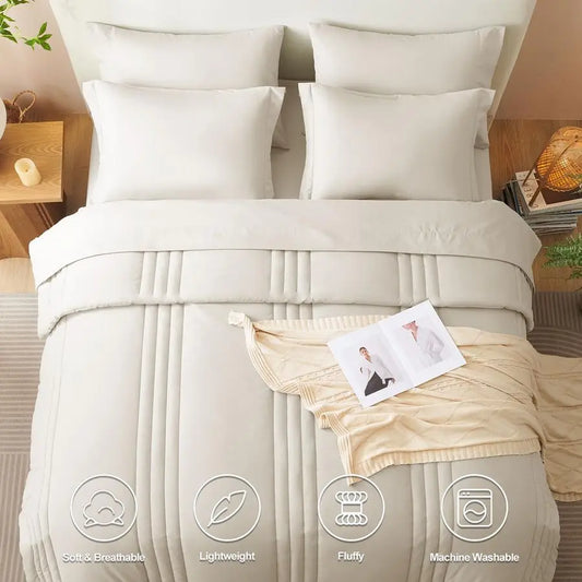 King Size 7 Piece Bed in a Bag Beige Comforter Set