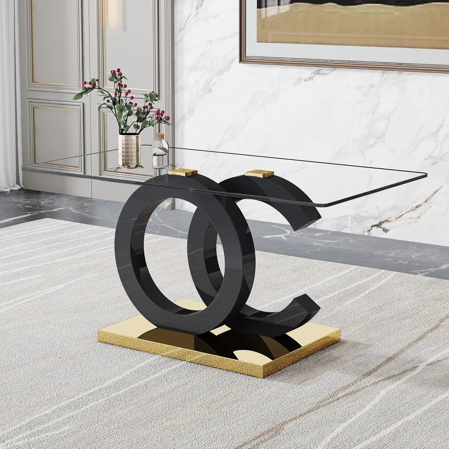 Modern Rectangular Marble Top Dining Table with Black Open-Concept Design Base