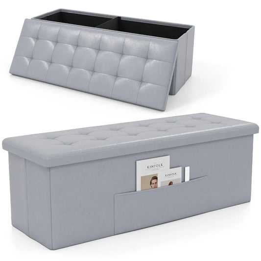 Folding Storage Ottoman Bench with Side Pocket Storage Chest