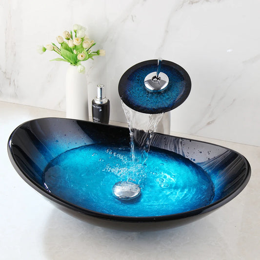 Tempered Glass Bathroom Vessel Sink with Waterfall