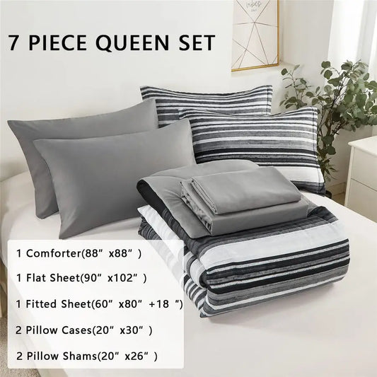 Queen Size 7 Piece Bed in a Bag Stripe Comforter Set