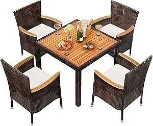 7 Piece Patio Dining Set, Wicker Patio Conversation Set with Wooden Table Top, Outdoor Table and Chairs with Soft Cushions for