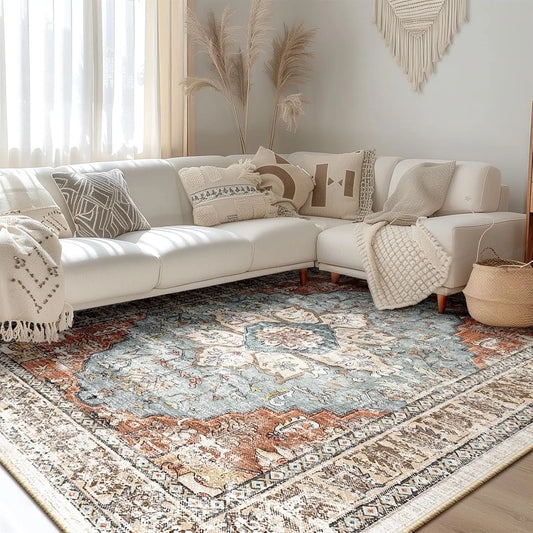 Washable 8x10 Area Rug, Non-Slip Boho Carpet in Green Brick Rust Red