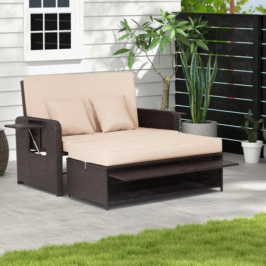 Reclining Patio Loveseat w/Multipurpose Ottoman & Retractable Side Tray