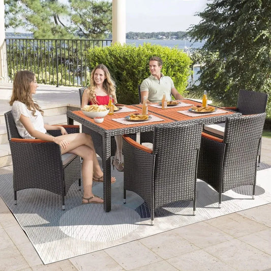7 Piece Patio Acacia Wood Table and Chairs with Soft Cushions