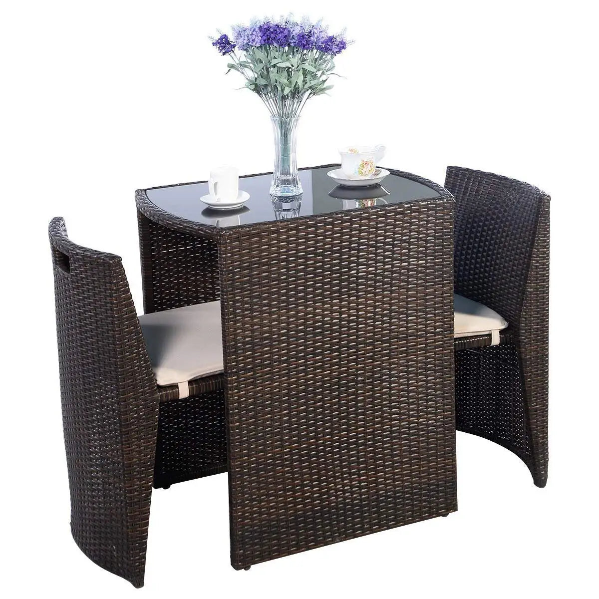 3 PCS Cushioned Outdoor Wicker Patio Bistro Set