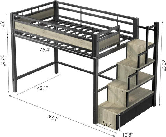 Twin Size Heavy Duty Metal Loft Bed with Stairs, Storage & Large Under-Bed Space