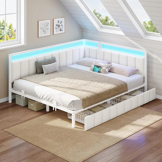 Queen Corner Bed Frame with Storage Drawers, LED Lights & Charging Station