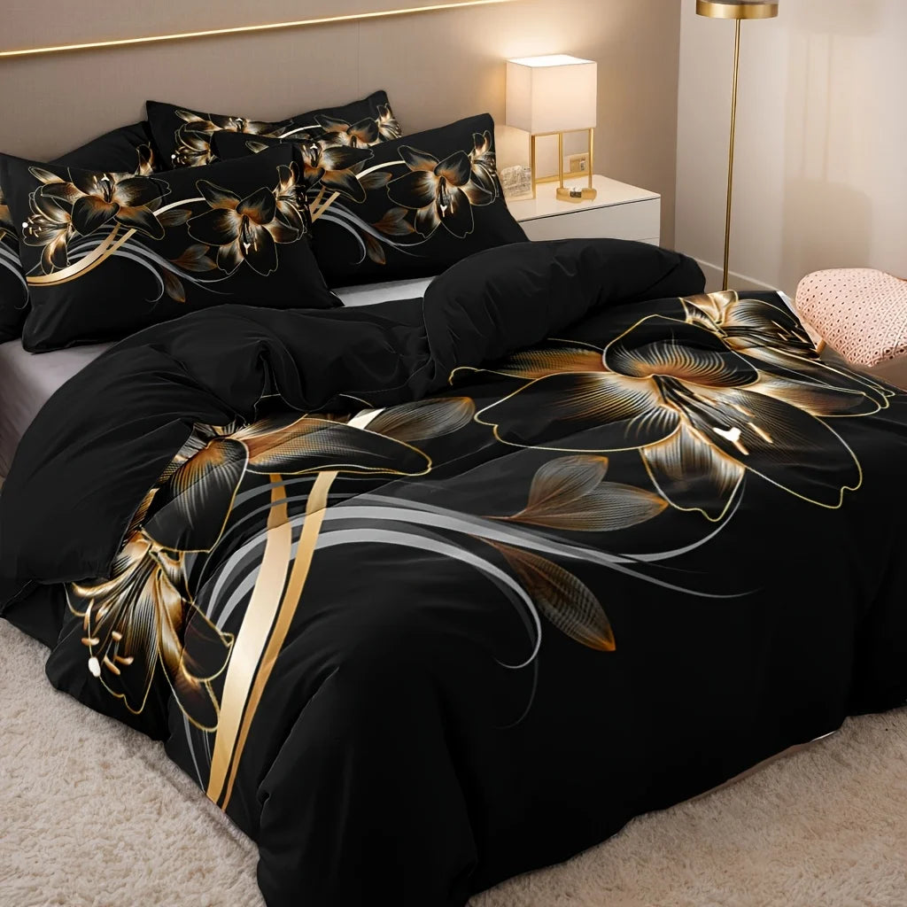 3pcs Polyester Golden Floral Pattern Quilt Cover Set
