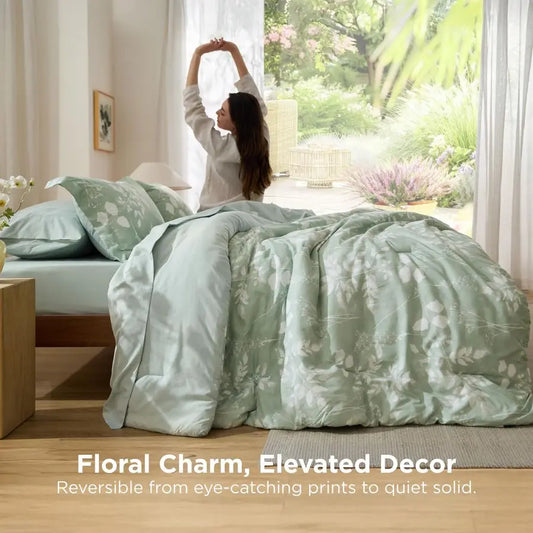 Queen Comforter 7 Piece Floral Sage Green Bedding Set