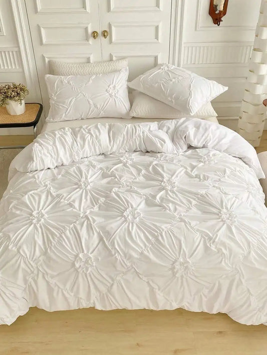 White Ruched Flower Design Duvet Cover Set with Pillowcases