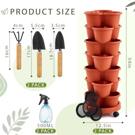 2 Set of 7 Tier Stackable Vertical Planters with Removable Wheels