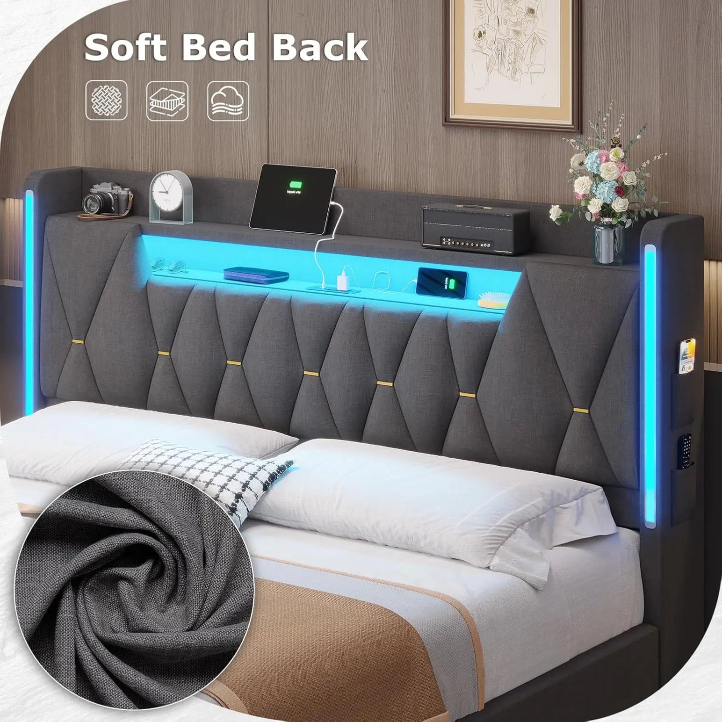 LED King Bed Frame with Charging Station & Storage Headboard