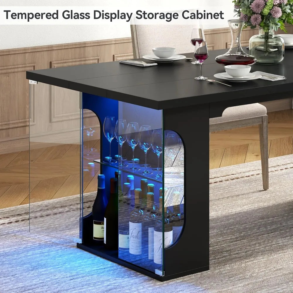 70.8" Modern Dining Table with Glass Storage Cabinet & LED Lights