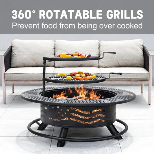 42 Inch Outdoor Wood Burning Fire Pit with Double Cooking Grates