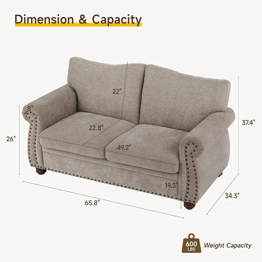 Vintage Chenille Loveseat Sofa 66" with Rolled Arms & Nailhead Trim