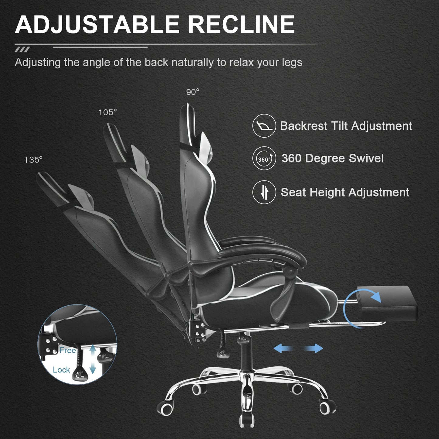 GTPLAYER Gaming Chair with Footrest, Lumbar Support, Swivel Seat,