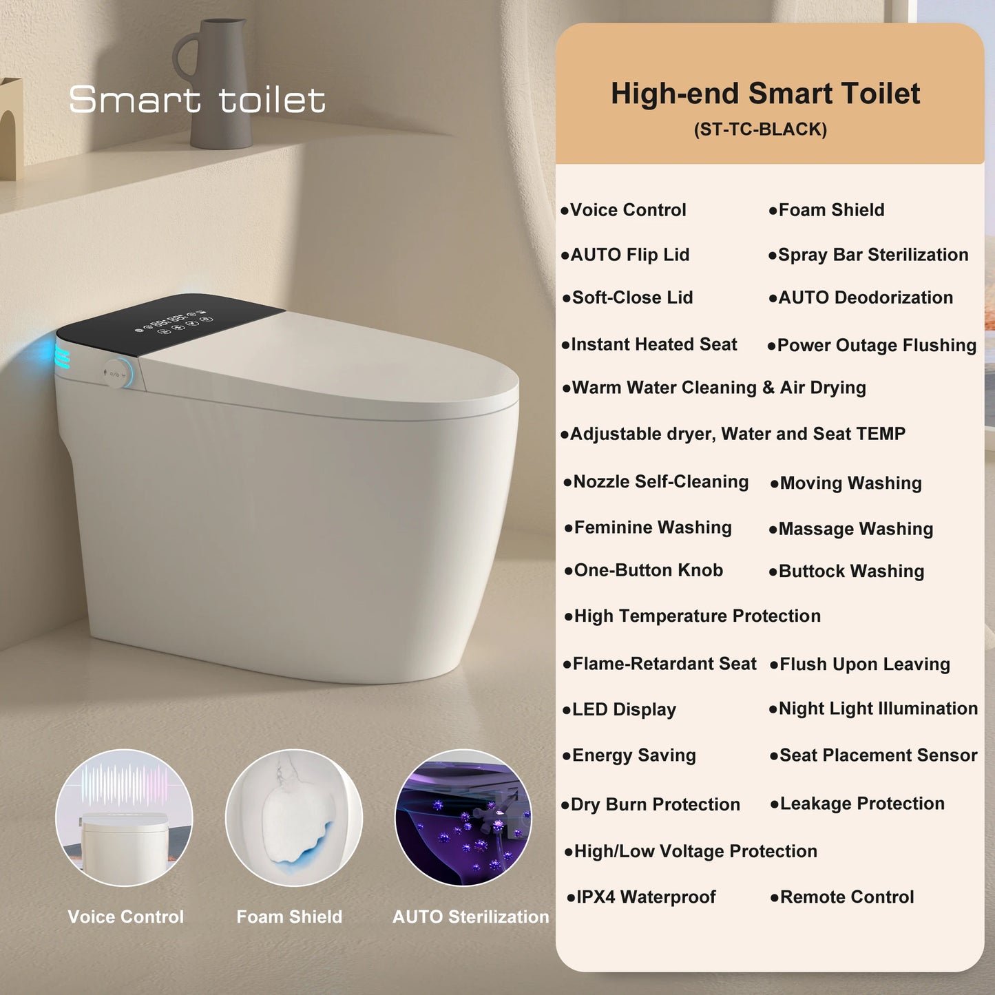 Smart Toilet with Built-in Bidet, AUTO Open/Close