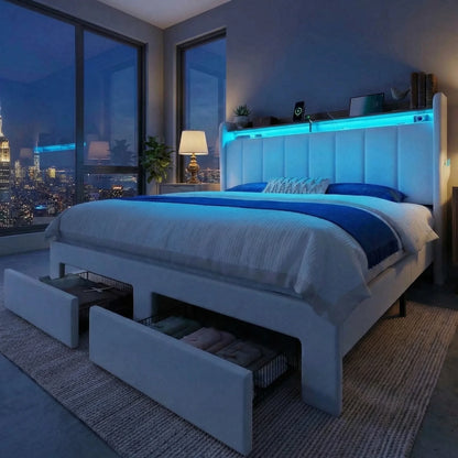 Bed Frame, 2 Storage Drawers/2-Tier Shelves with LED Lights & Charging Station