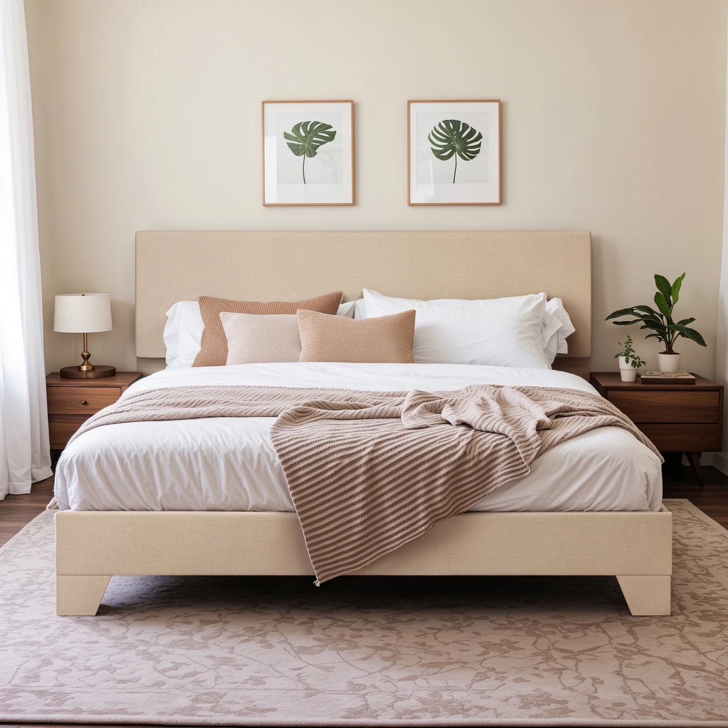 Linen Fabric Upholstered Bed Frame with Adjustable Headboard