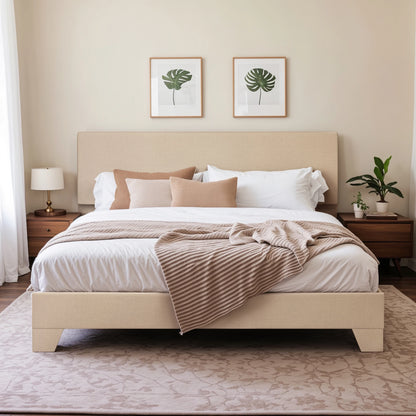 Linen Fabric Upholstered Bed Frame with Adjustable Headboard