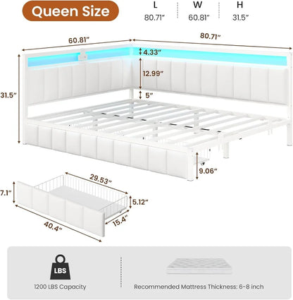 Queen Corner Bed Frame with Storage Drawers, LED Lights & Charging Station