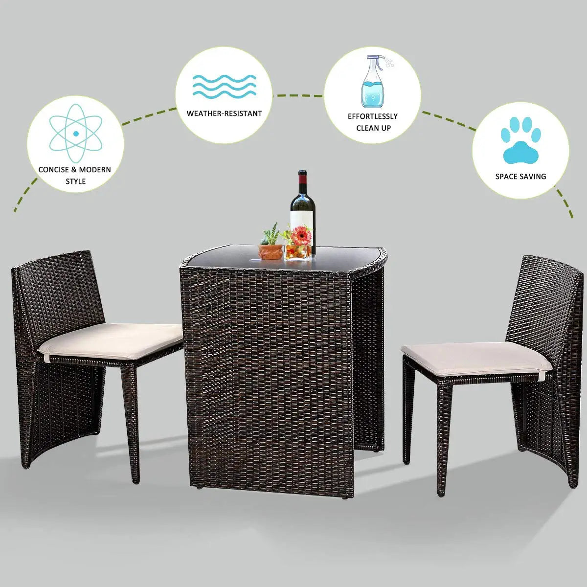3 PCS Cushioned Outdoor Wicker Patio Bistro Set