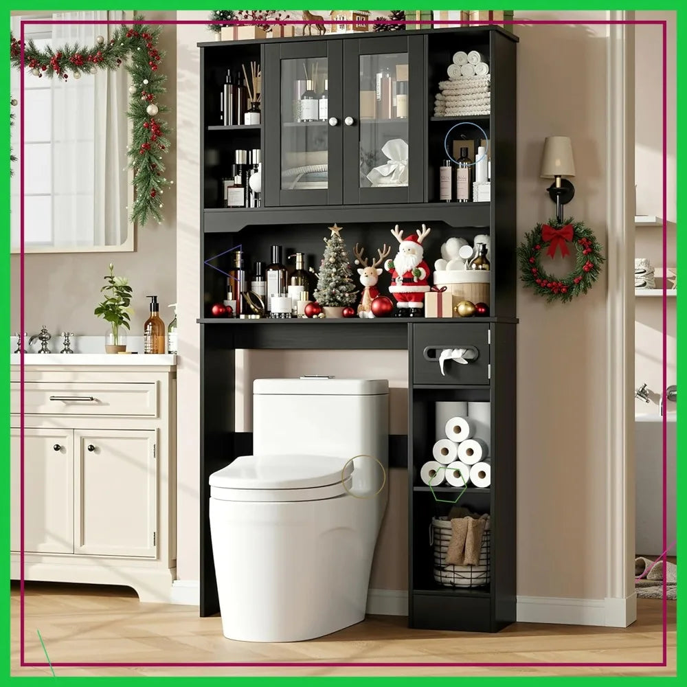 Over Toilet Storage Cabinet with 2 Glass Doors & Paper Holder