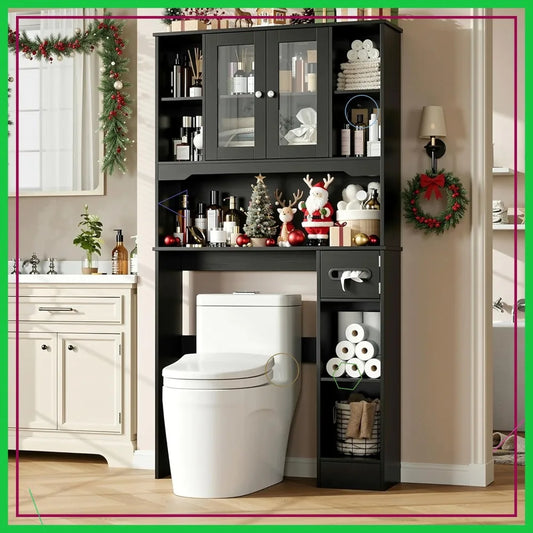 Over Toilet Storage Cabinet with 2 Glass Doors & Paper Holder