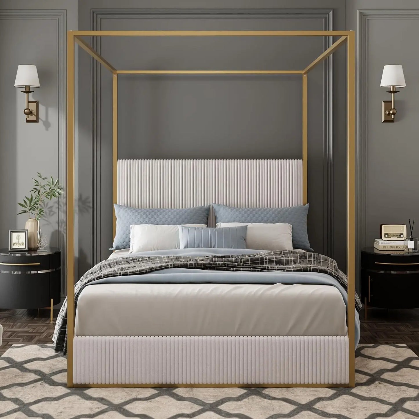 King Size Metal Canopy Bed Frame with Tall Corduroy Upholstered Headboard