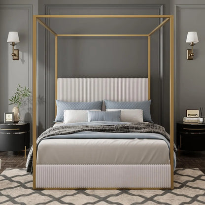 King Size Metal Canopy Bed Frame with Tall Corduroy Upholstered Headboard