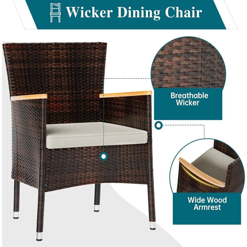 7 Piece Patio Dining Set, Wicker Patio Conversation Set with Wooden Table Top, Outdoor Table and Chairs with Soft Cushions for