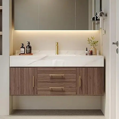 Floating Bathroom Vanity with Sintered Stone Vessel Sink 2 Drawers
