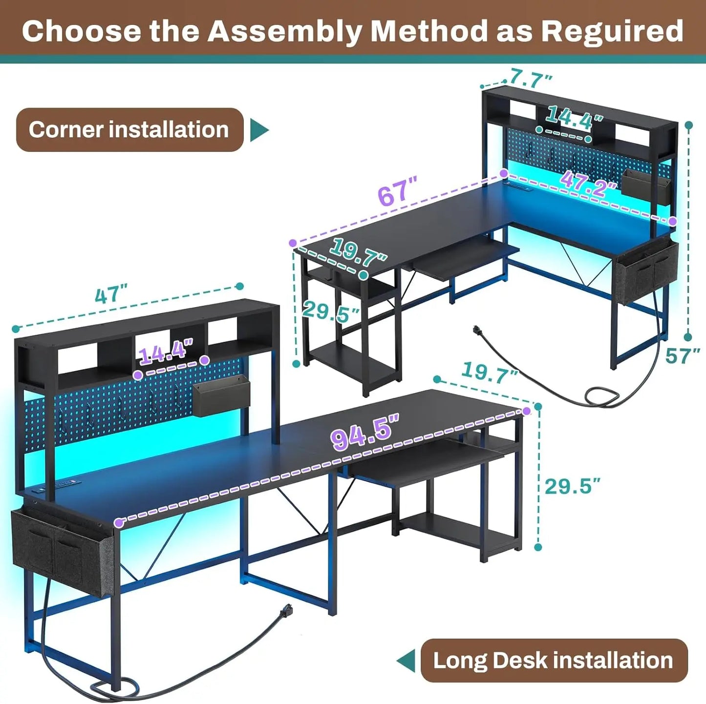 L-Shaped Gaming Desk, Reversible, Pegboard, Led Lights