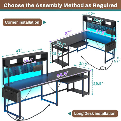 L-Shaped Gaming Desk, Reversible, Pegboard, Led Lights