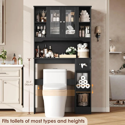 Over Toilet Storage Cabinet with 2 Glass Doors & Paper Holder