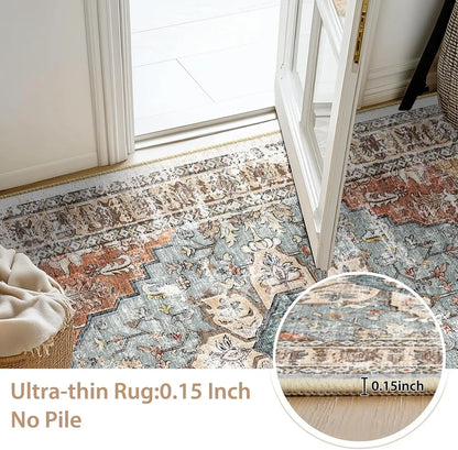 Washable 8x10 Area Rug, Non-Slip Boho Carpet in Green Brick Rust Red