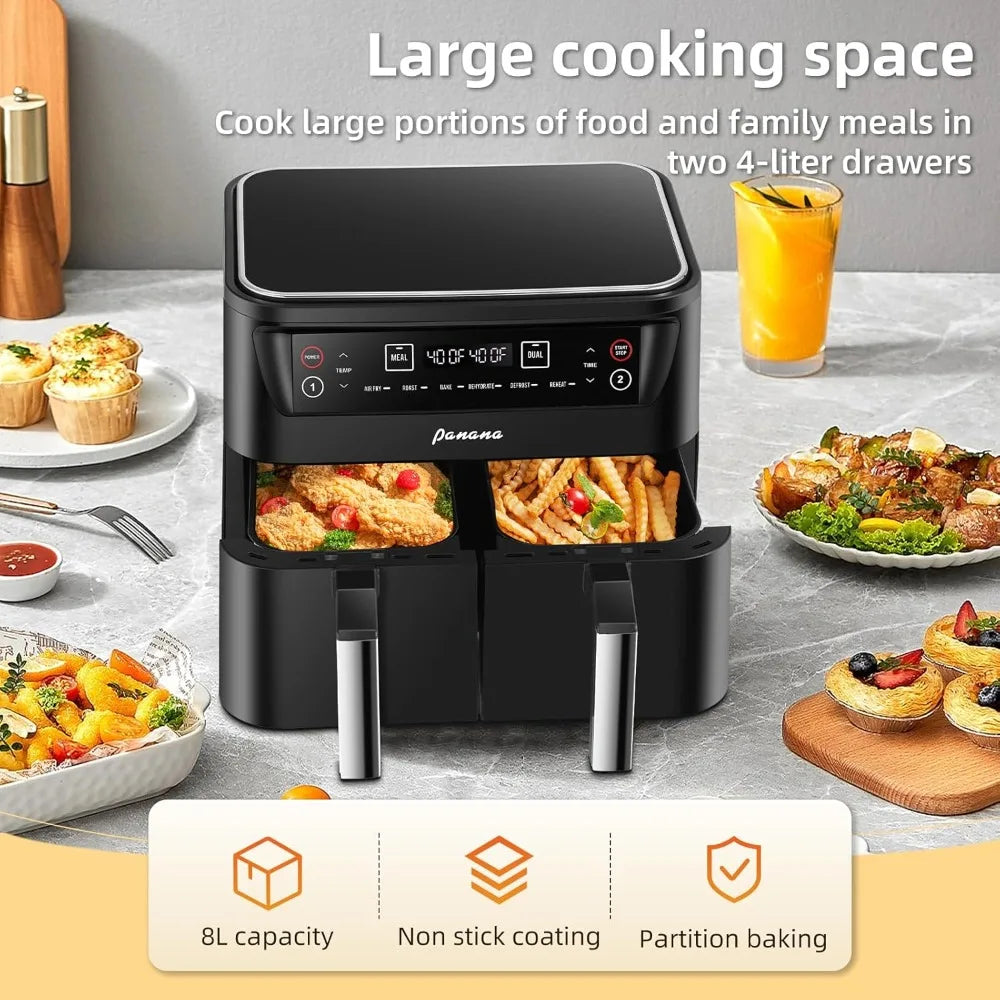 Panana Air Fryer 8.5QT, 6 in 1 Dual Zone, 2 Basket