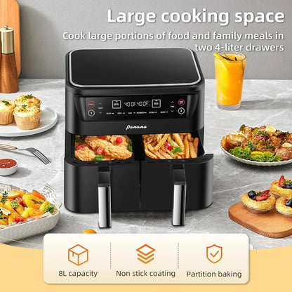 Panana Air Fryer 8.5QT, 6 in 1 Dual Zone, 2 Basket