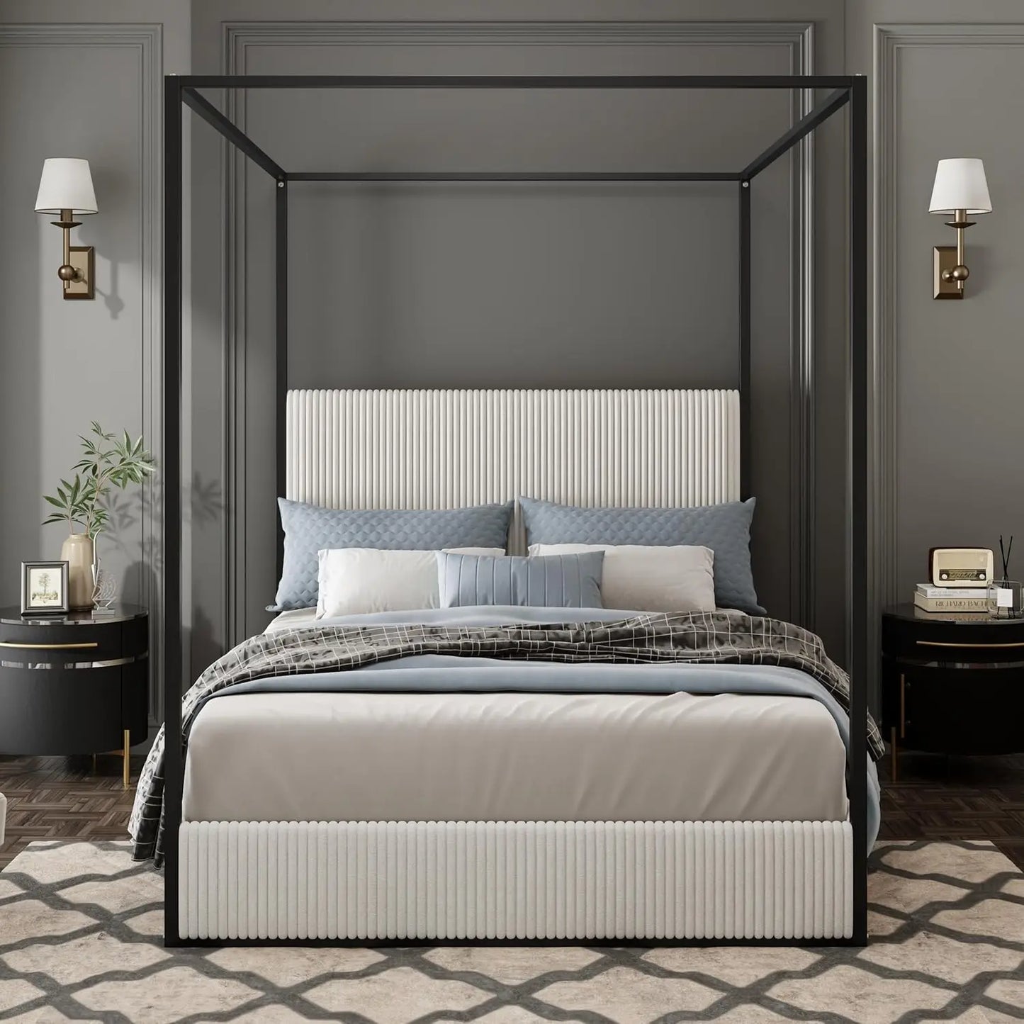 King Size Metal Canopy Bed Frame with Tall Corduroy Upholstered Headboard